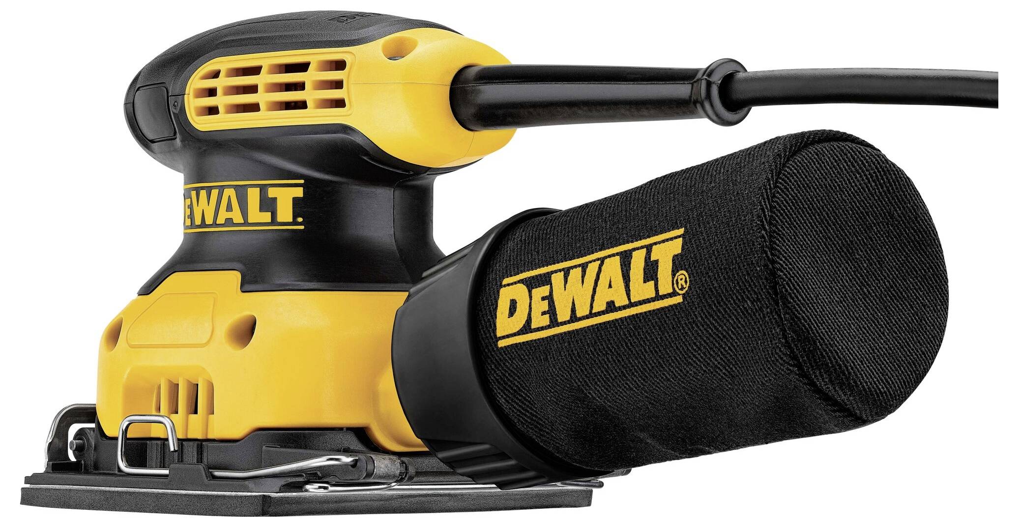 Elektrická bruska značky DeWalt v žluto-černém provedení s prachovým sáčkem, určená pro přesné broušení dřevěných povrchů.