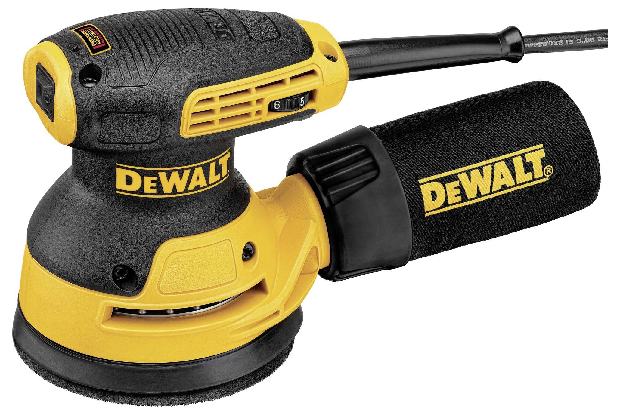 Elektrická vibrační bruska značky DEWALT s žluto-černým designem. Přístroj je vybaven prachovým sáčkem.