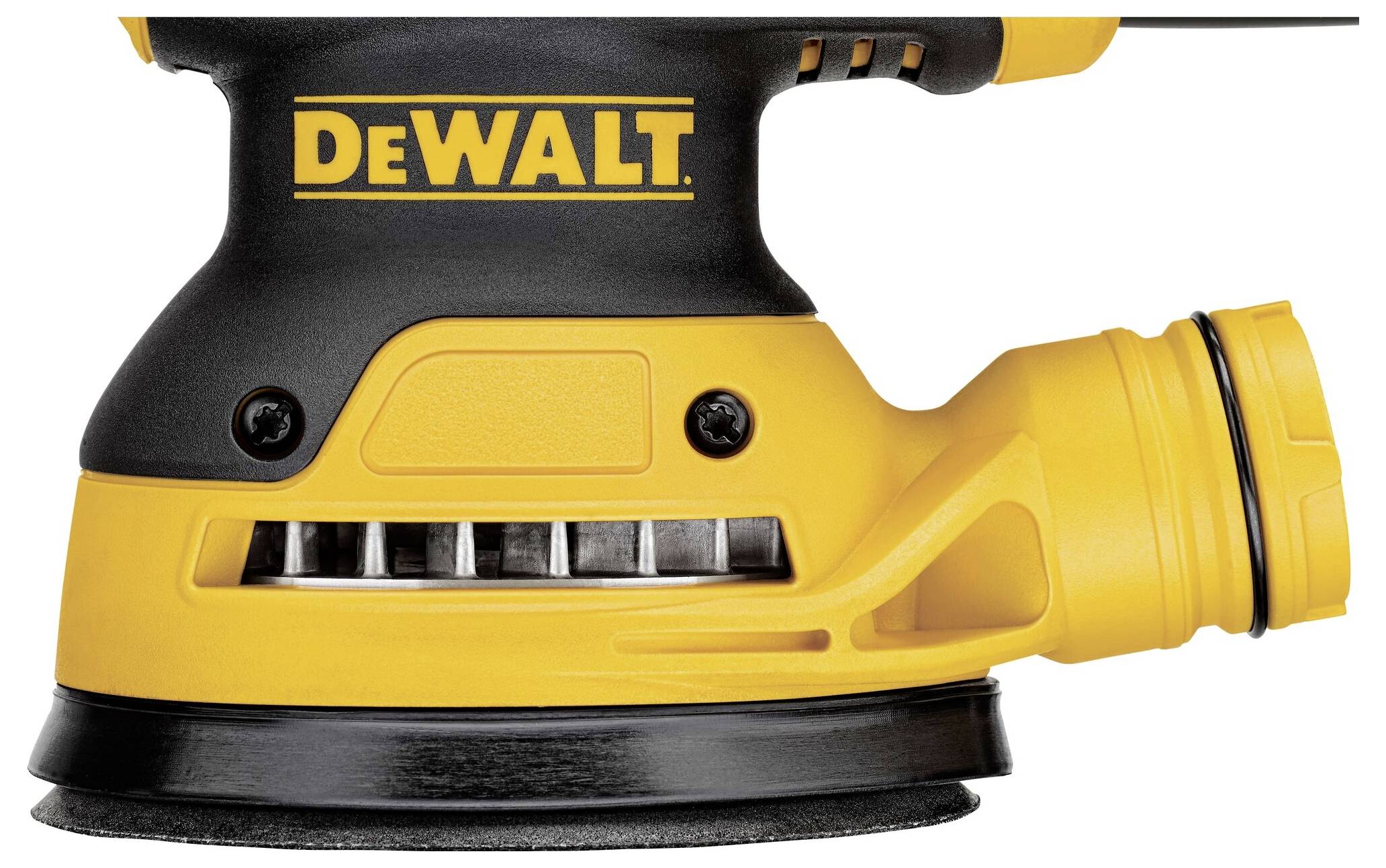 Žlutá a černá úhlová bruska DeWalt v detailním záběru, vhodná pro broušení dřeva a dalších materiálů.