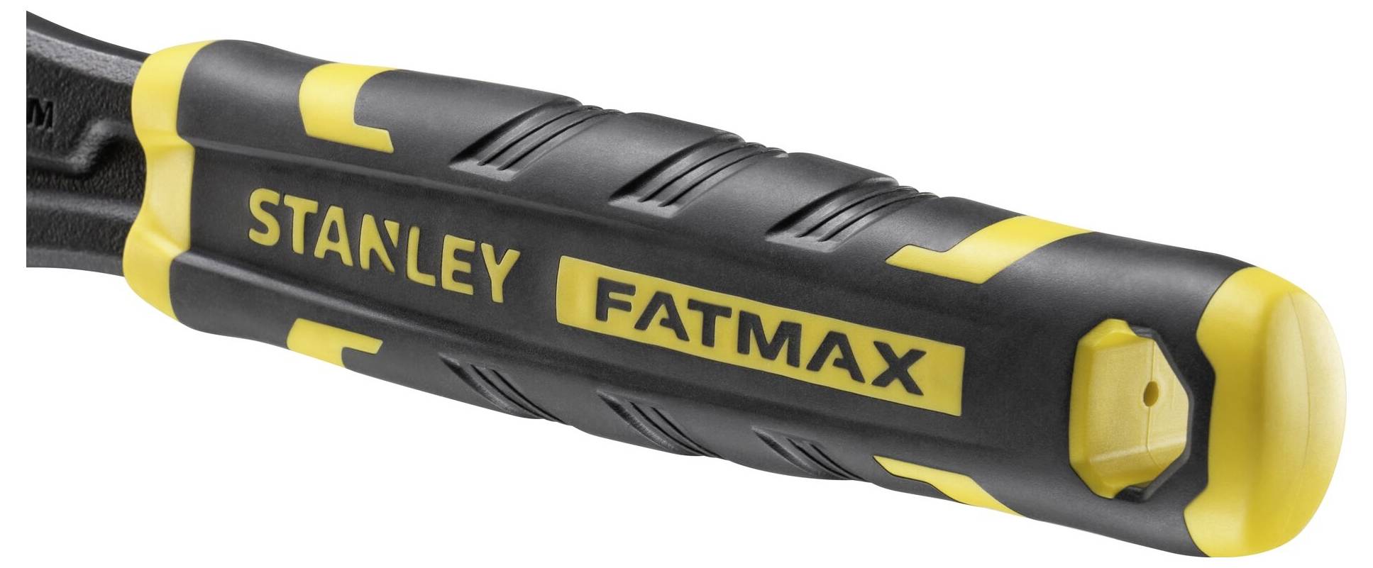 Černá a žlutá rukojeť nástroje Stanley Fatmax, zobrazující název značky a ergonomický design.