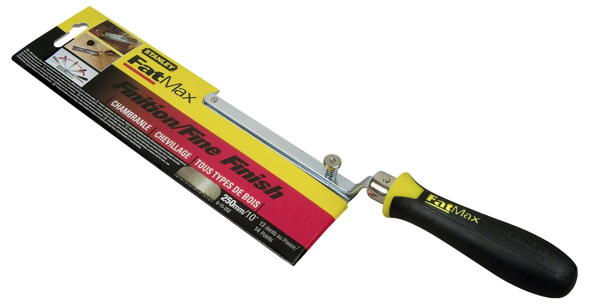 Ruční pila s černou rukojetí a úzkou zubatou čepelí. Na obalu nápis 'Friction/Fine Finish'.