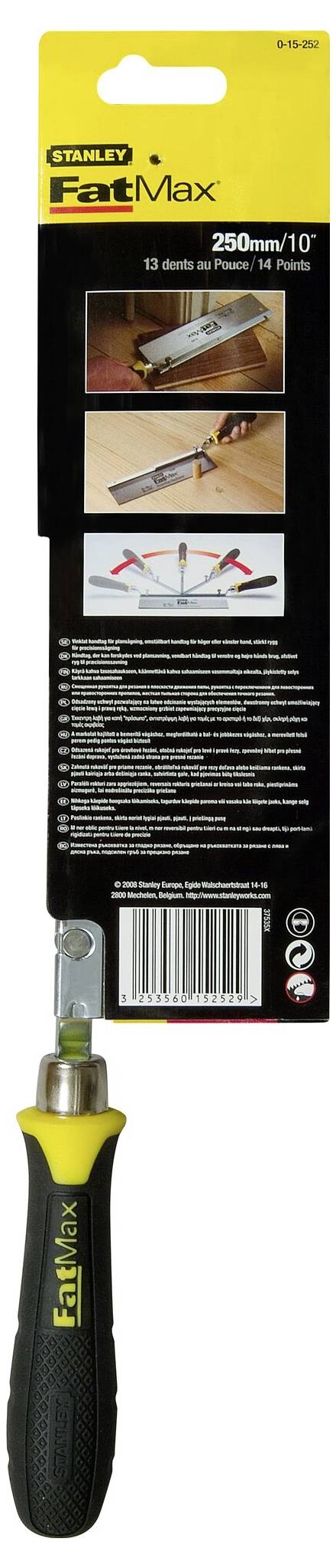 Kotoučová pila s černou rukojetí a žlutými detaily, balení zobrazuje montážní návod a produktové informace.