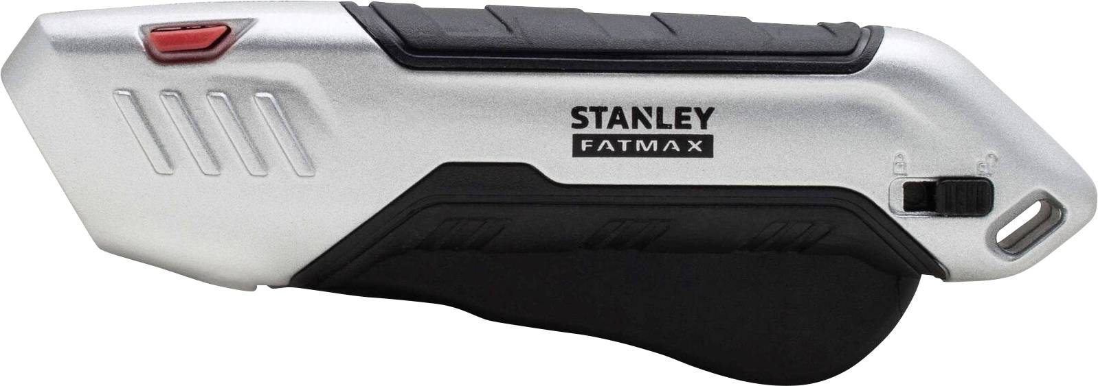 Stříbrný víceúčelový nůž Stanley Fatmax s černou rukojetí a červeným posuvným tlačítkem.