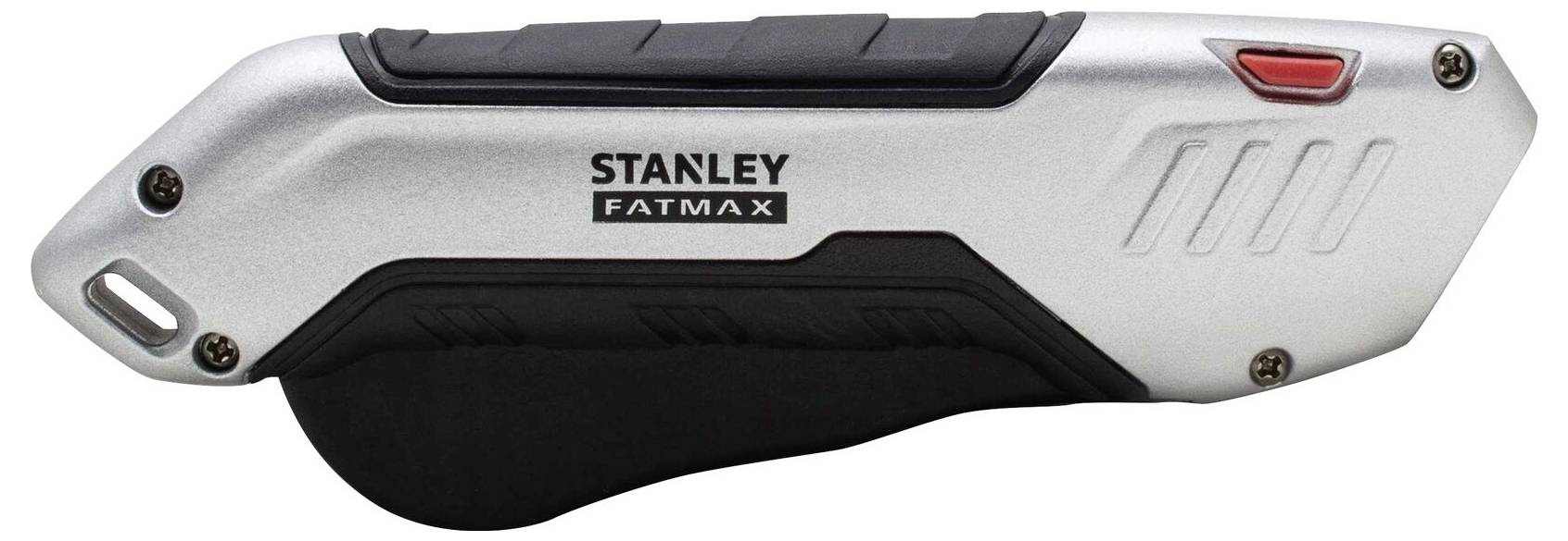 Stříbrný universální nůž Stanley FatMax s červeným tlakovým tlačítkem a černou rukojetí.