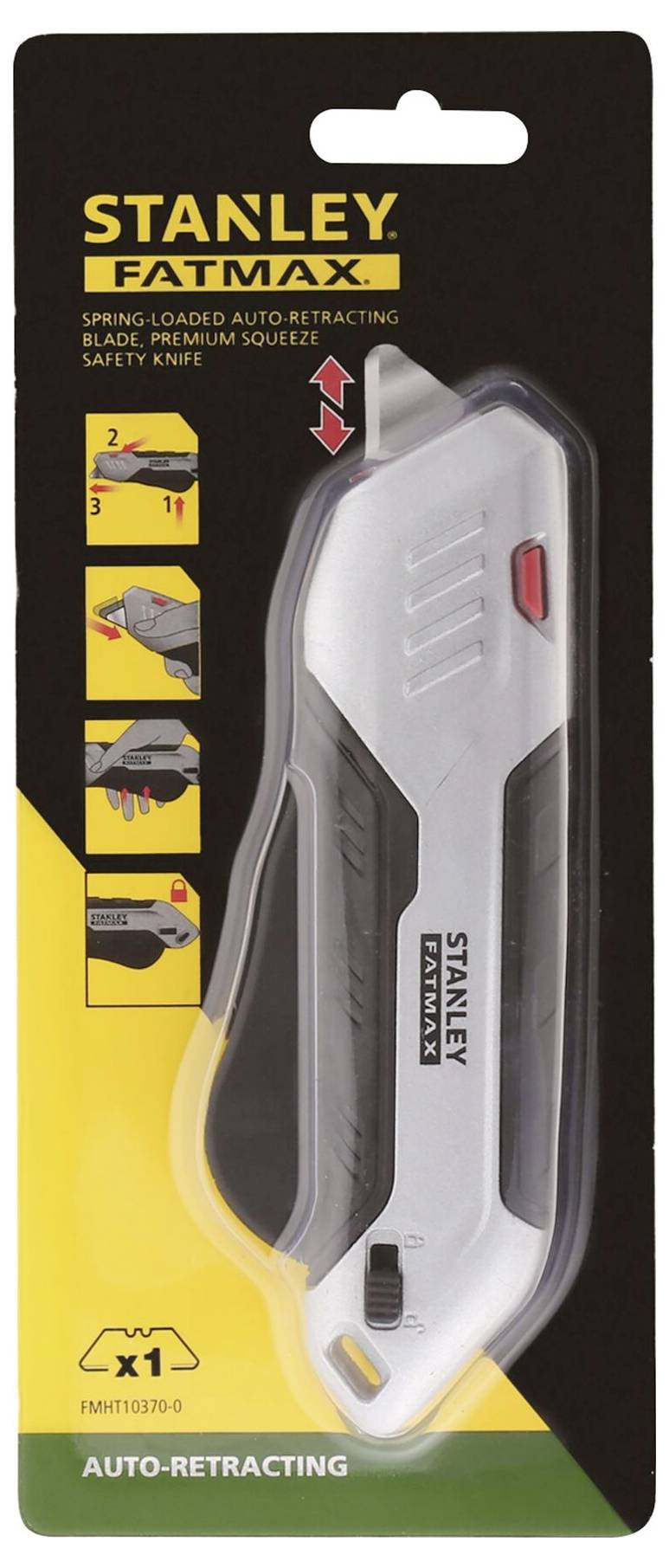 Bezpečnostní nůž Stanley Fatmax s automaticky vysouvanou čepelí v blistrovém balení. Obal zobrazuje nůž, název značky a bezpečnostní pokyny.