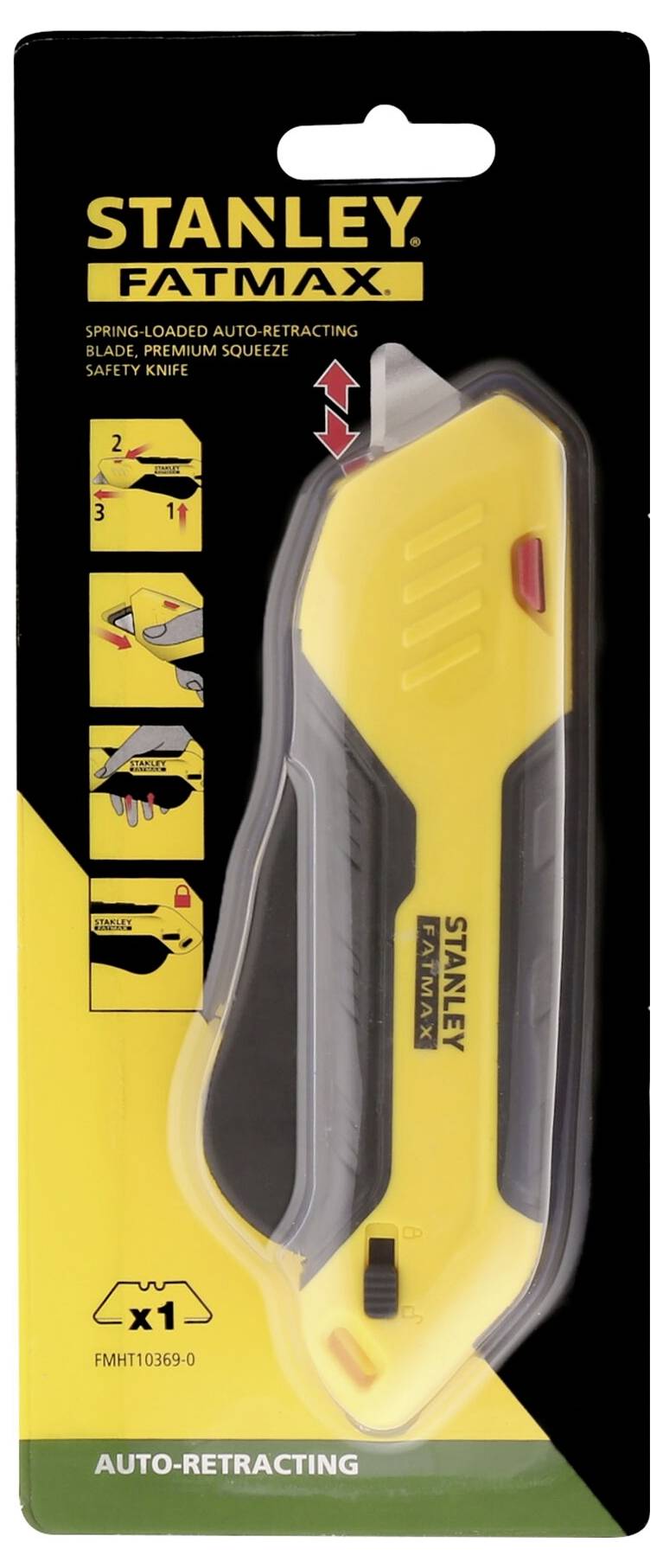 Obal žlutého bezpečnostního nože Stanley FatMax s automatickým zasouváním čepele a ergonomickou rukojetí, ilustrace použití na obalu.