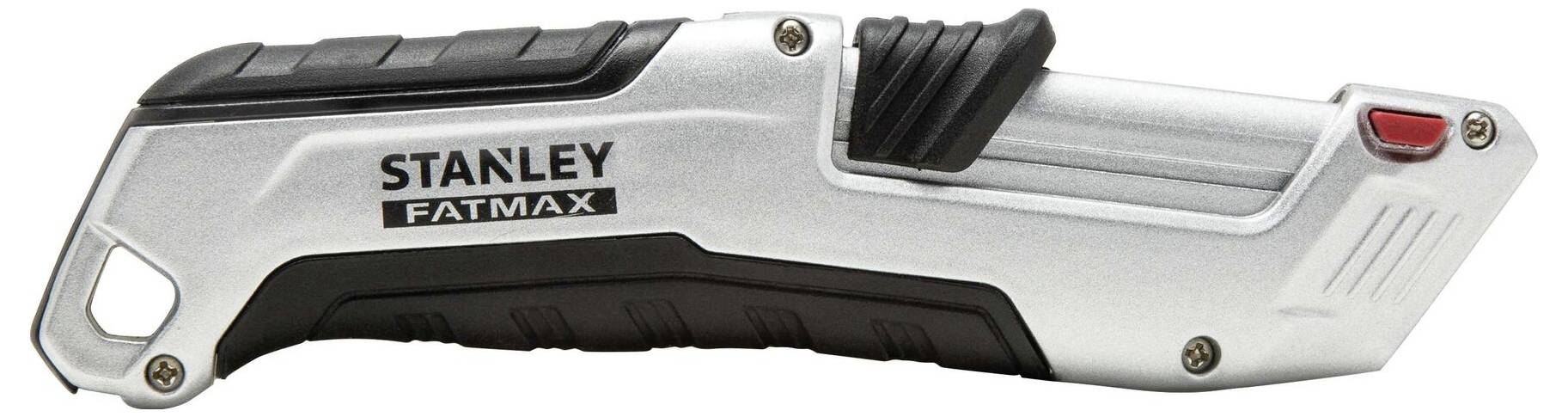 Stříbrno-černý univerzální nůž Stanley Fatmax s červeným tlačítkem a ergonomickou rukojetí.