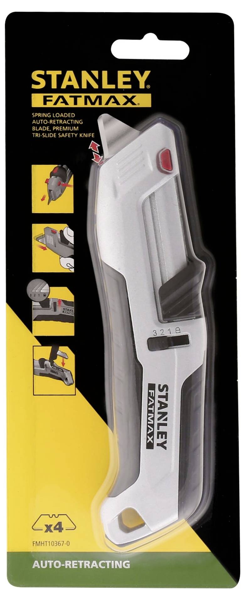 Nůž 'Stanley FatMax' v obalu s automatickým mechanismem a výsuvným ostřím, zobrazující uživatelské pokyny na černém a žlutém pozadí.