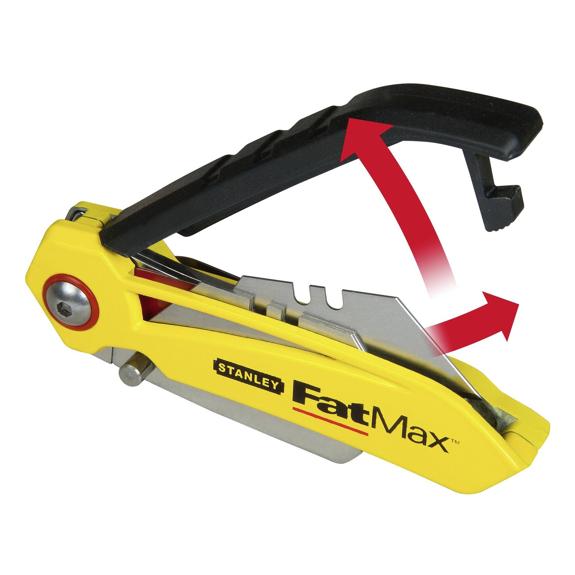 Žluté skládací nože Stanley FatMax s černým krytem čepele v polovině otevření a červenou šipkou ukazující mechanismus skládání.