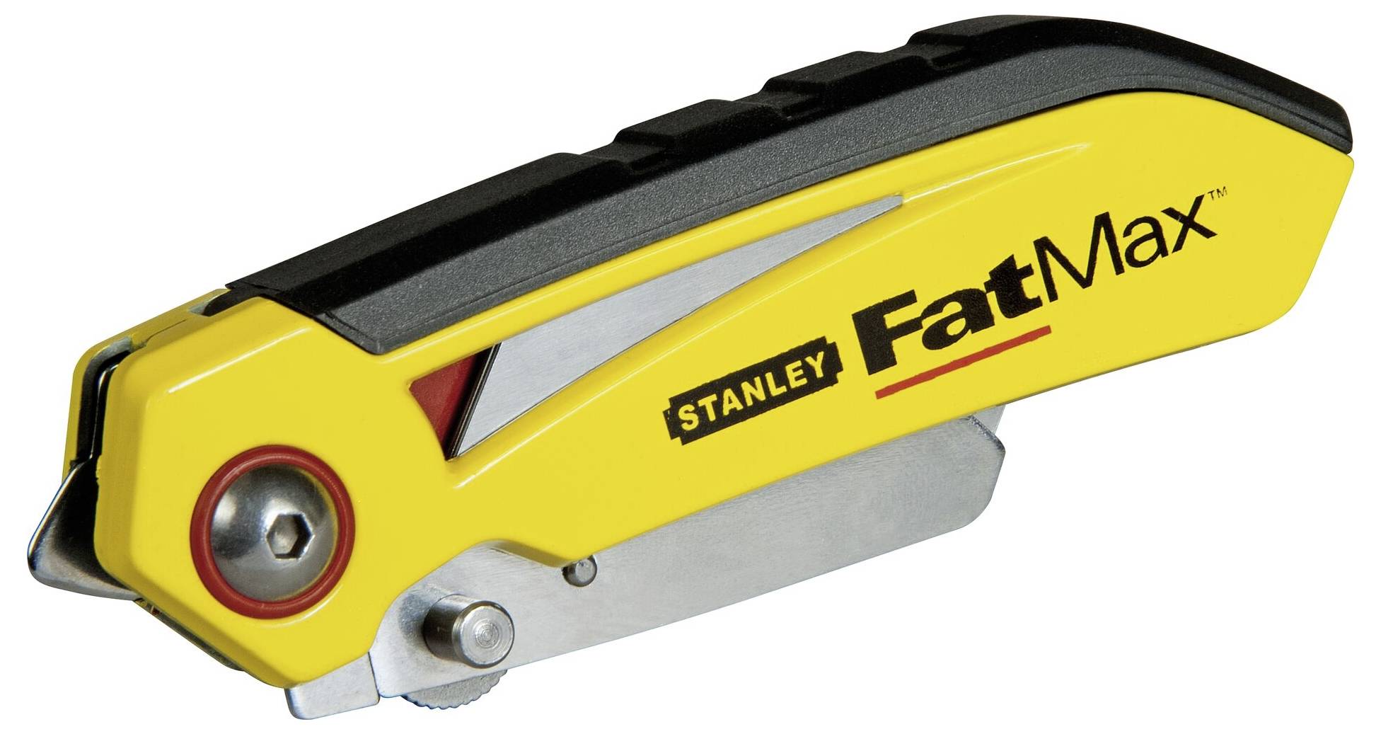 Žluté řezací nože Stanley FatMax s černou rukojetí a bezpečnostní čepelí. Ideální pro přesné řezání a řemeslné práce.