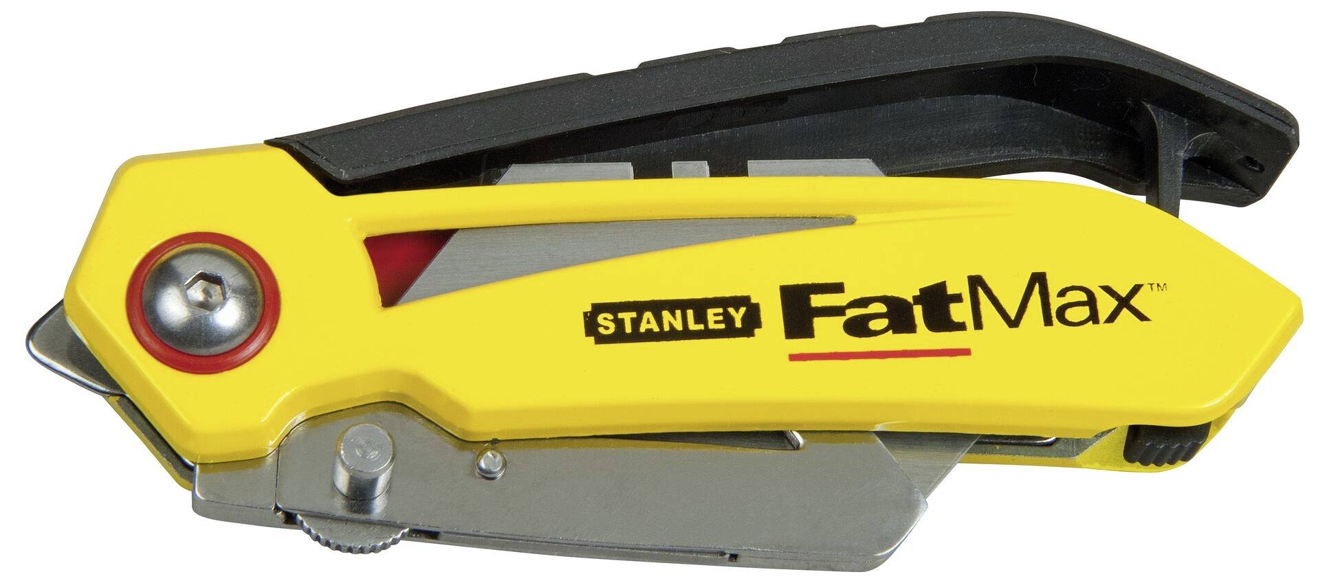 Žluté skládací nože Stanley FatMax s černou rukojetí, rozložené. Zobrazuje logo značky a má stříbrnou čepel.