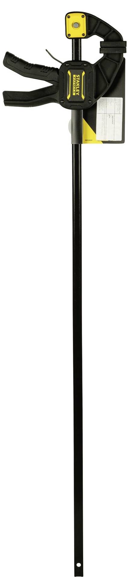 Dlouhá černá instalatérská kleště s žlutou rukojetí jsou zobrazeny vertikálně. Mají velké čelisti určené pro uchopení objektů.