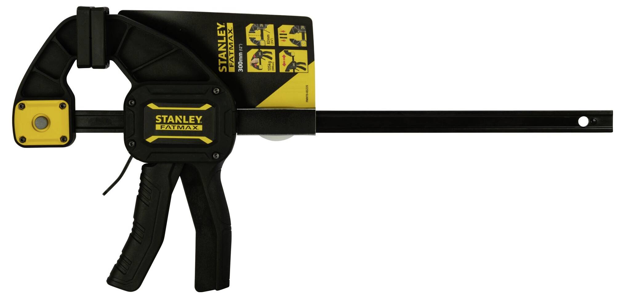 Stanley svěrka s žluto-černým designem, na obalu jsou vytištěny pokyny a logo Stanley.