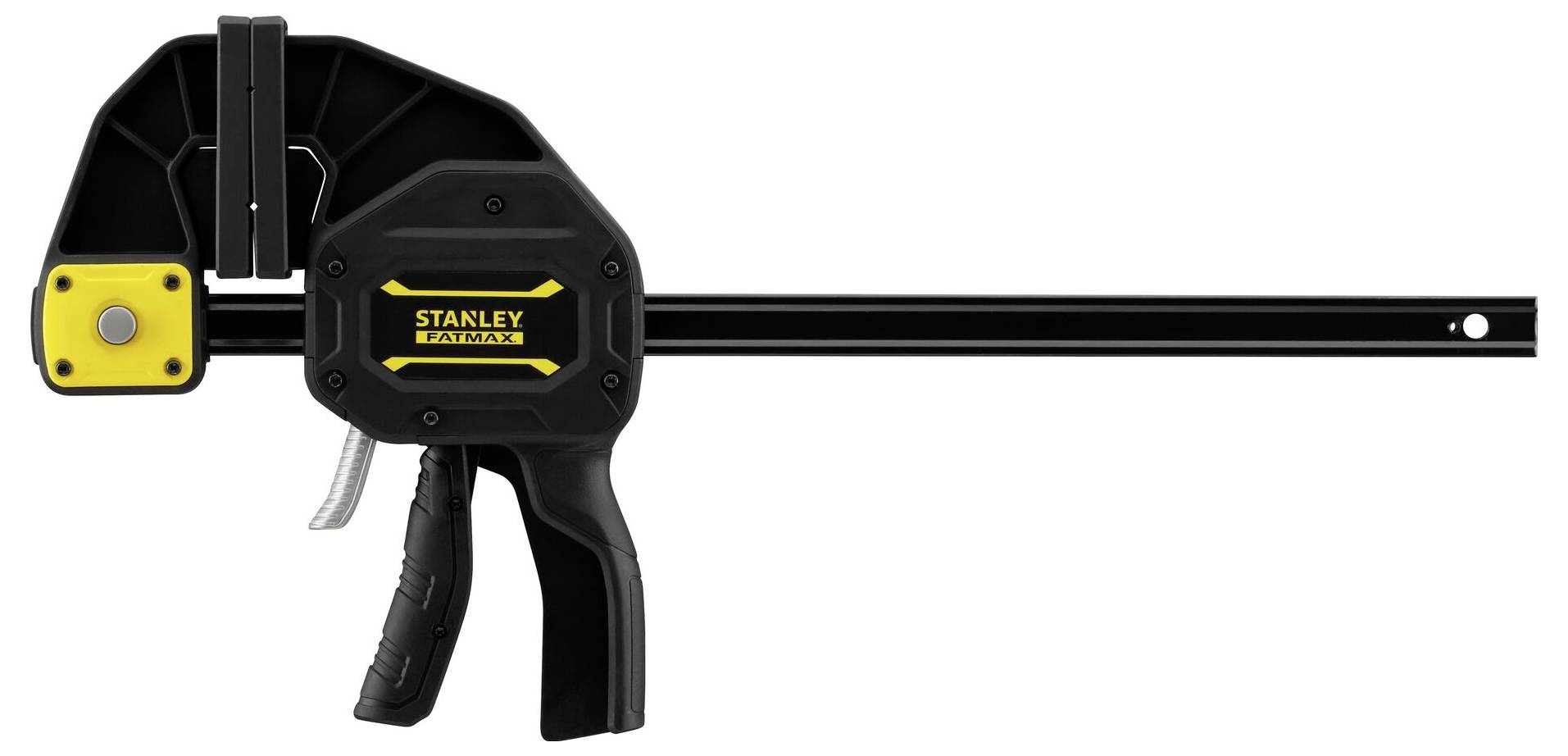 Černá a žlutá svěrka značky Stanley s ergonomickým designem rukojeti a robustní kovovou tyčí.