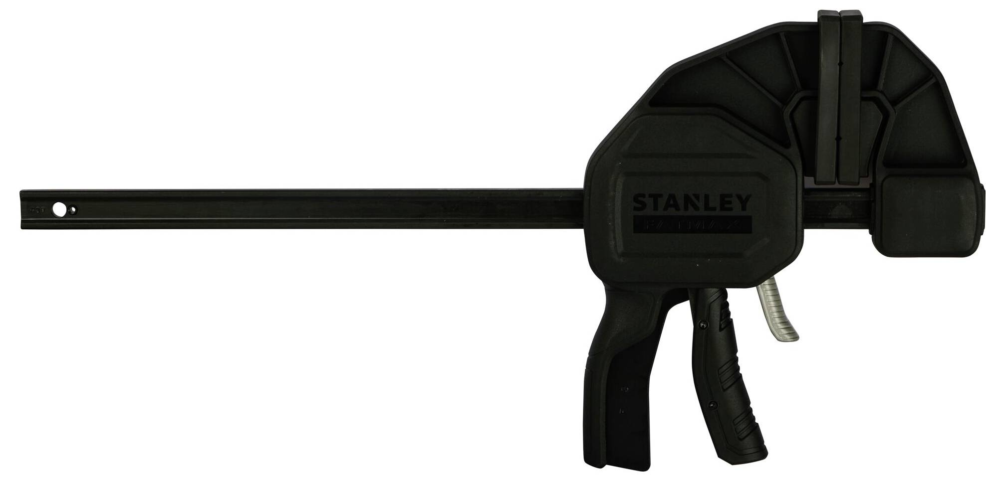 Svorka Stanley s černým plastovým rámem a ergonomickou rukojetí. Používá se k upevnění obrobků během opracování.