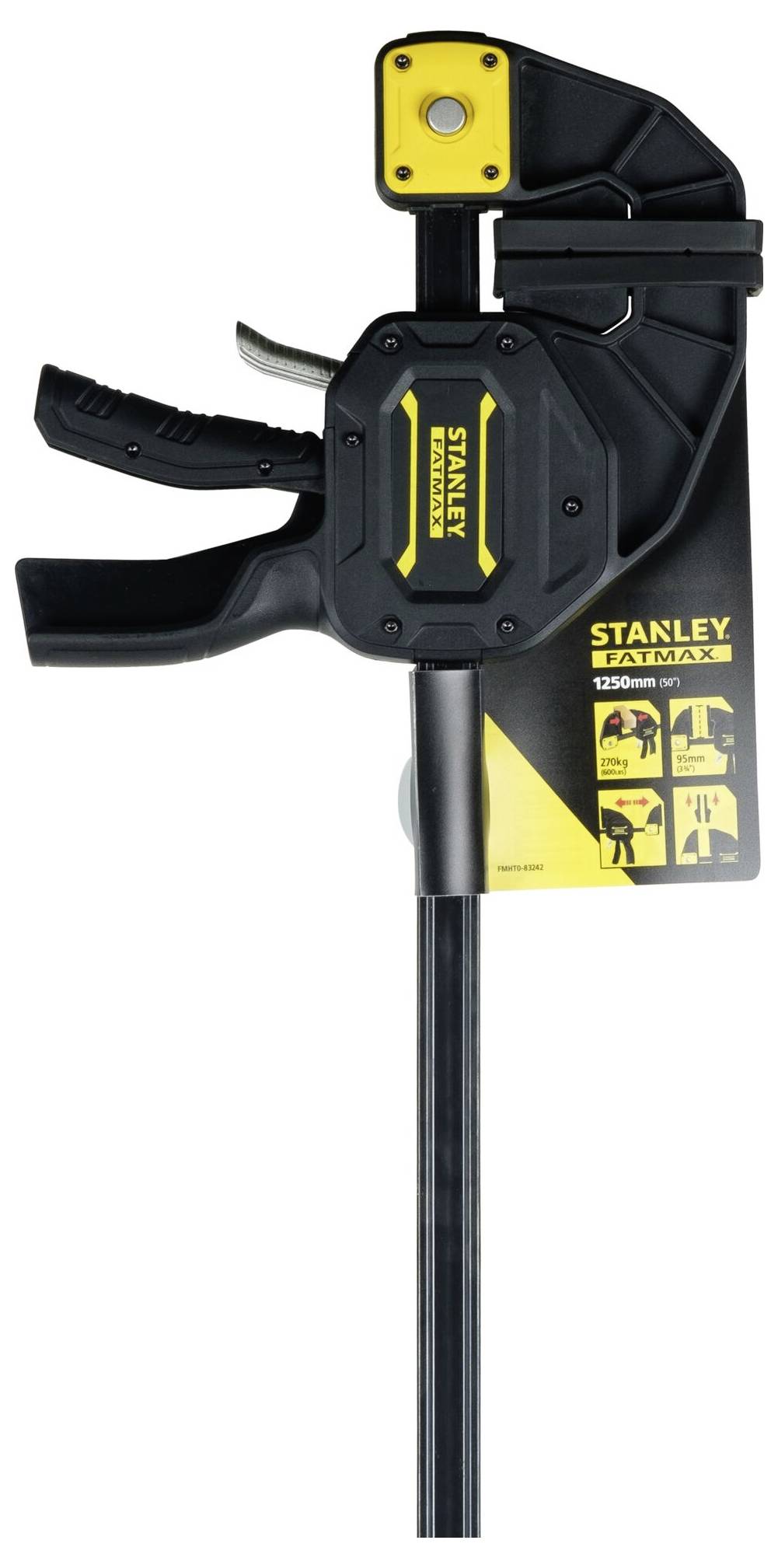 Stanley F-svorka s ergonomickou rukojetí a černým kovovým rámem. Obal zobrazuje detaily produktu a jeho použití.