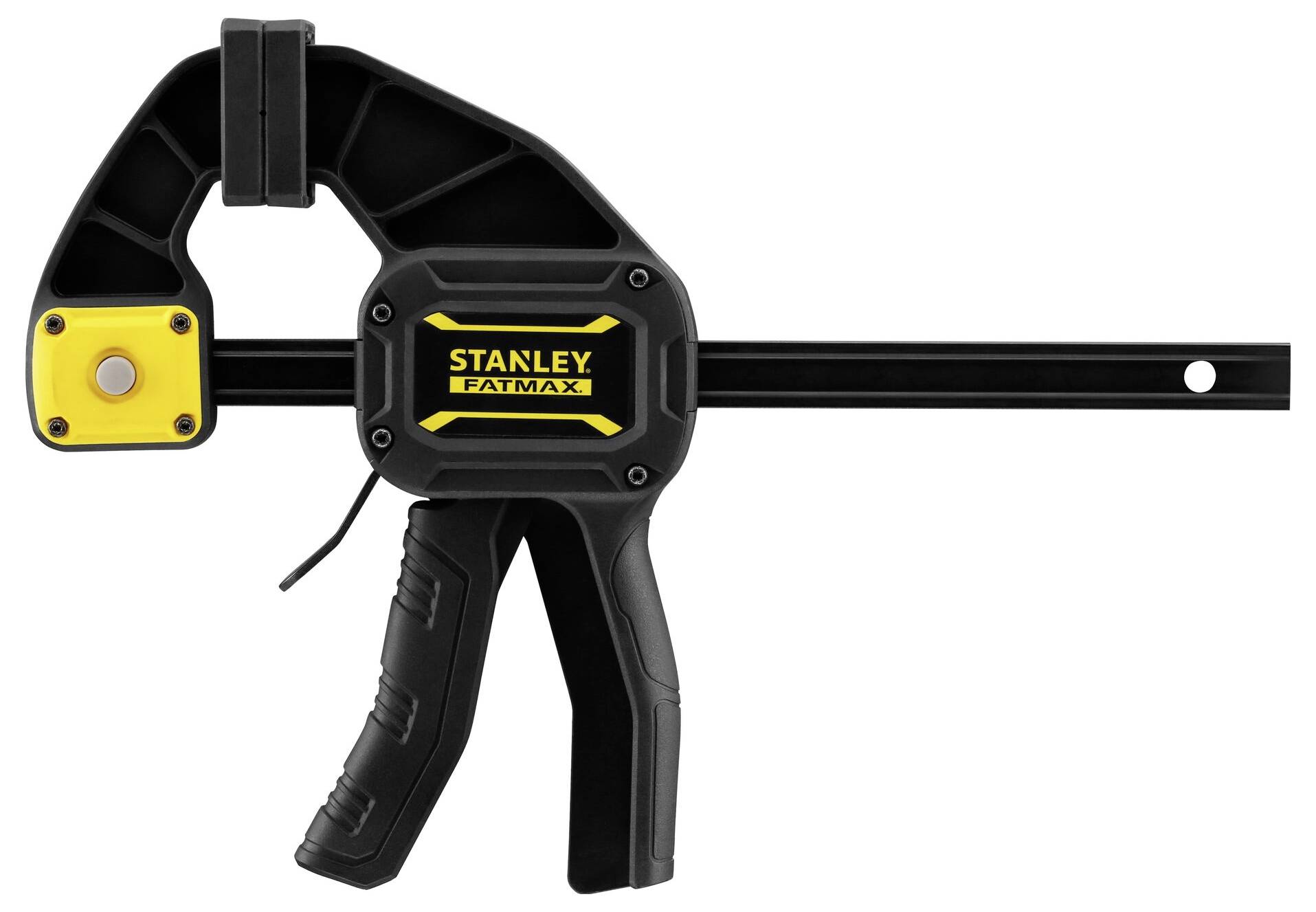 Černá plastová jednoruční svěrka značky Stanley Fatmax se žlutými akcenty, která ukazuje šroubový mechanismus pro upevnění předmětů.