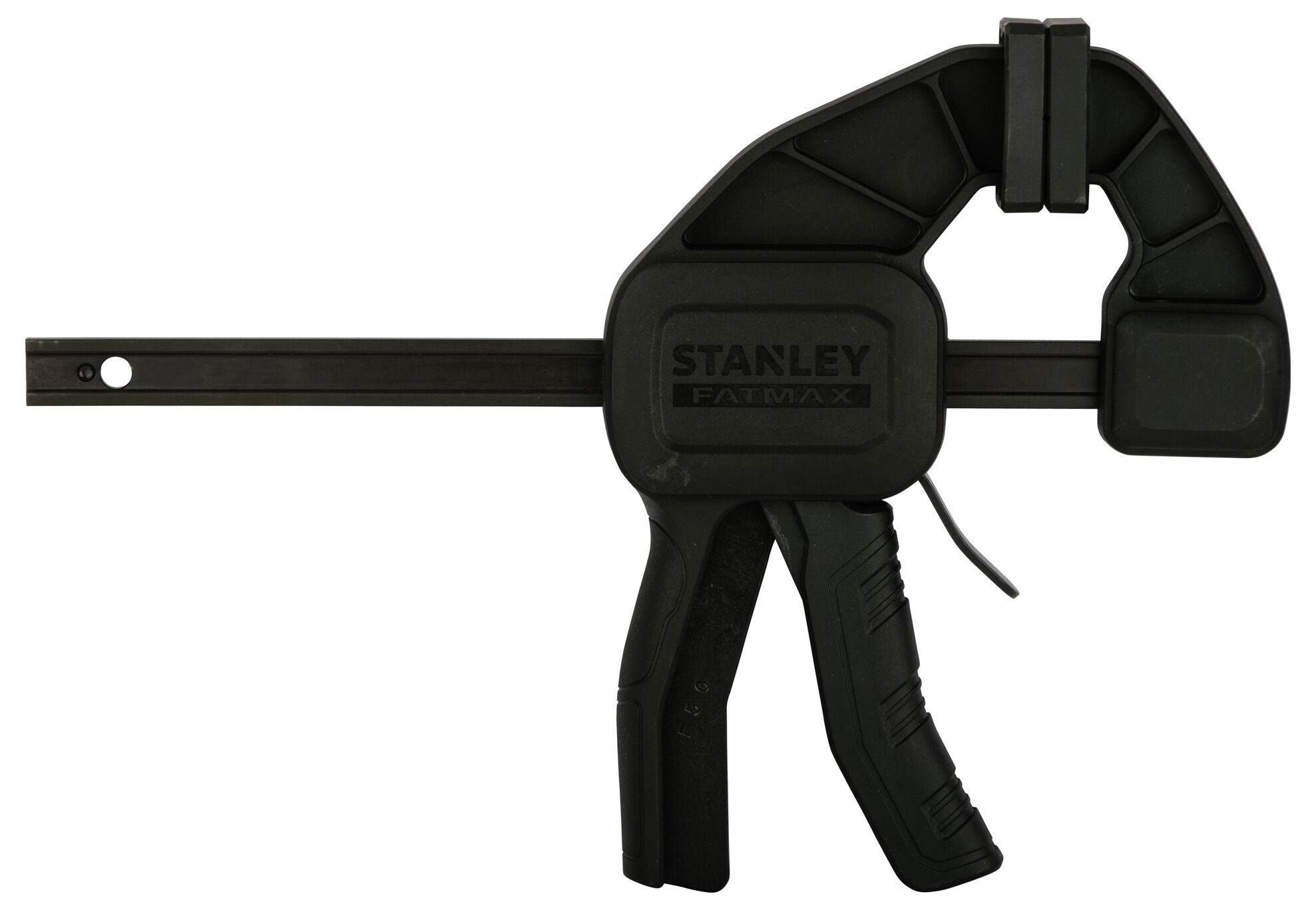 Černá svorka s rukojetí, logo Stanley viditelné na přední straně. Svorka je zavřená a vhodná pro upevnění obrobků.