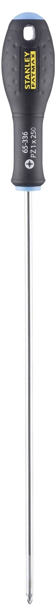 Šroubovák s dlouhou kovovou rukojetí a ergonomickým držadlem v černé a modré barvě, vhodný pro šrouby s drážkou.