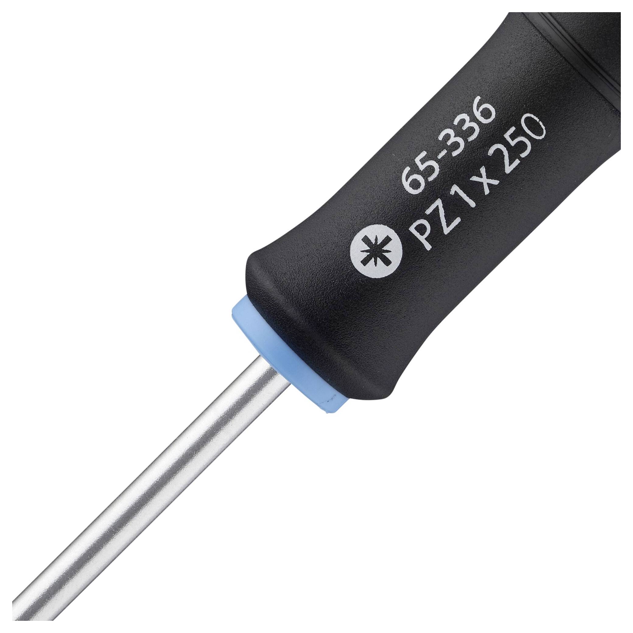 Šroubovák s černou rukojetí, modrým kroužkem a označením: 65-336 PZ1 x 250.