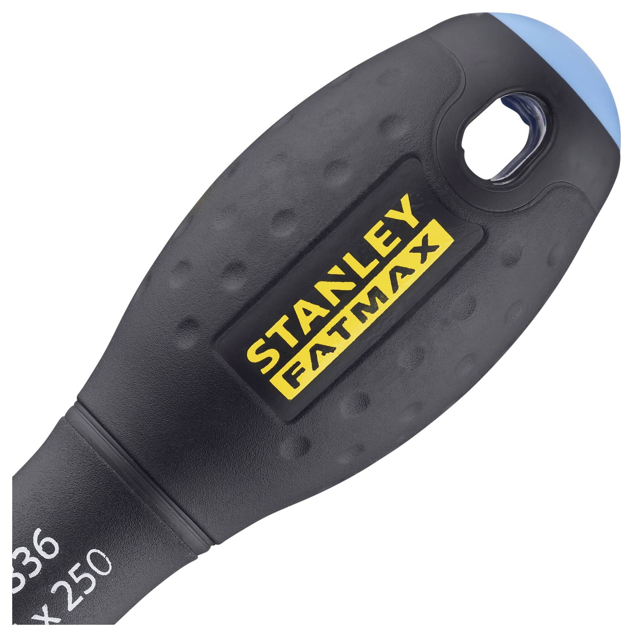 Černá rukojeť s žlutým logem 'STANLEY FATMAX'. Oválná rukojeť s modrým špičkou.