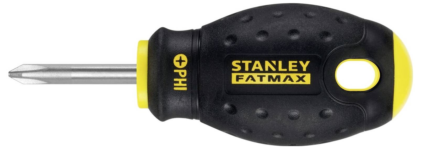 Křížový šroubovák Phillips se krátkou rukojetí, značka Stanley Fatmax, černožluté barvy, vhodný pro přesné práce.