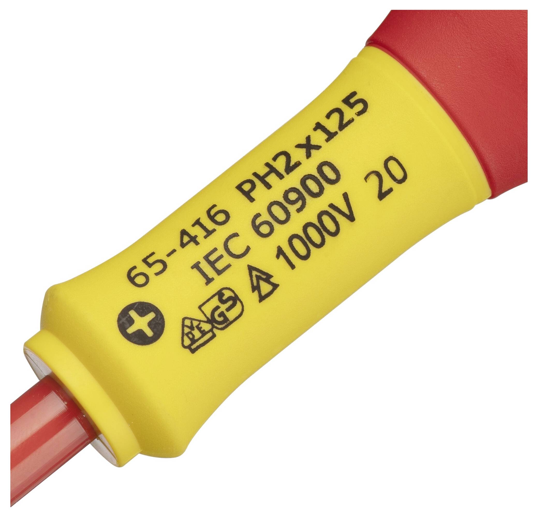 Izolovaný šroubovák s žlutou rukojetí zobrazuje specifikace: 'PH2x125', 'IEC 60900', elektrická pevnost: '1000V'.
