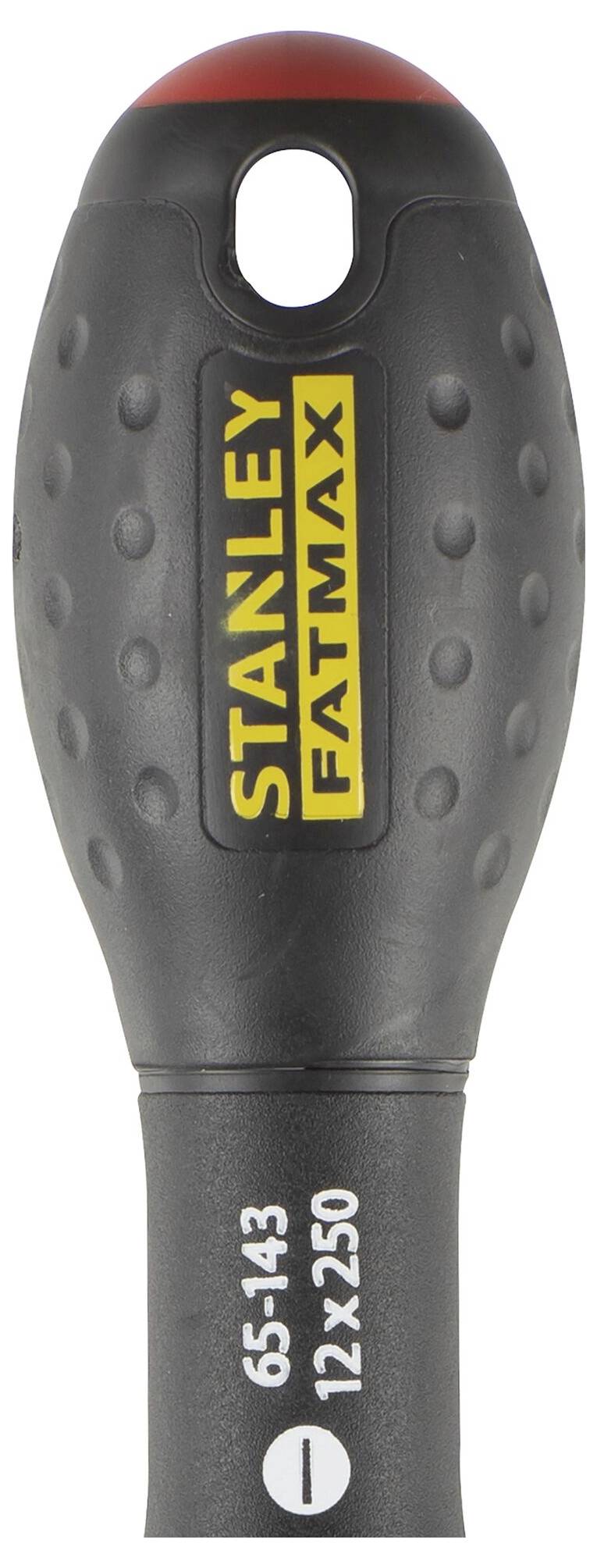 Šroubovák s černým strukturovaným designem rukojeti. Žluté logo 'Stanley FatMax' a specifikace '65-143 12x250'.