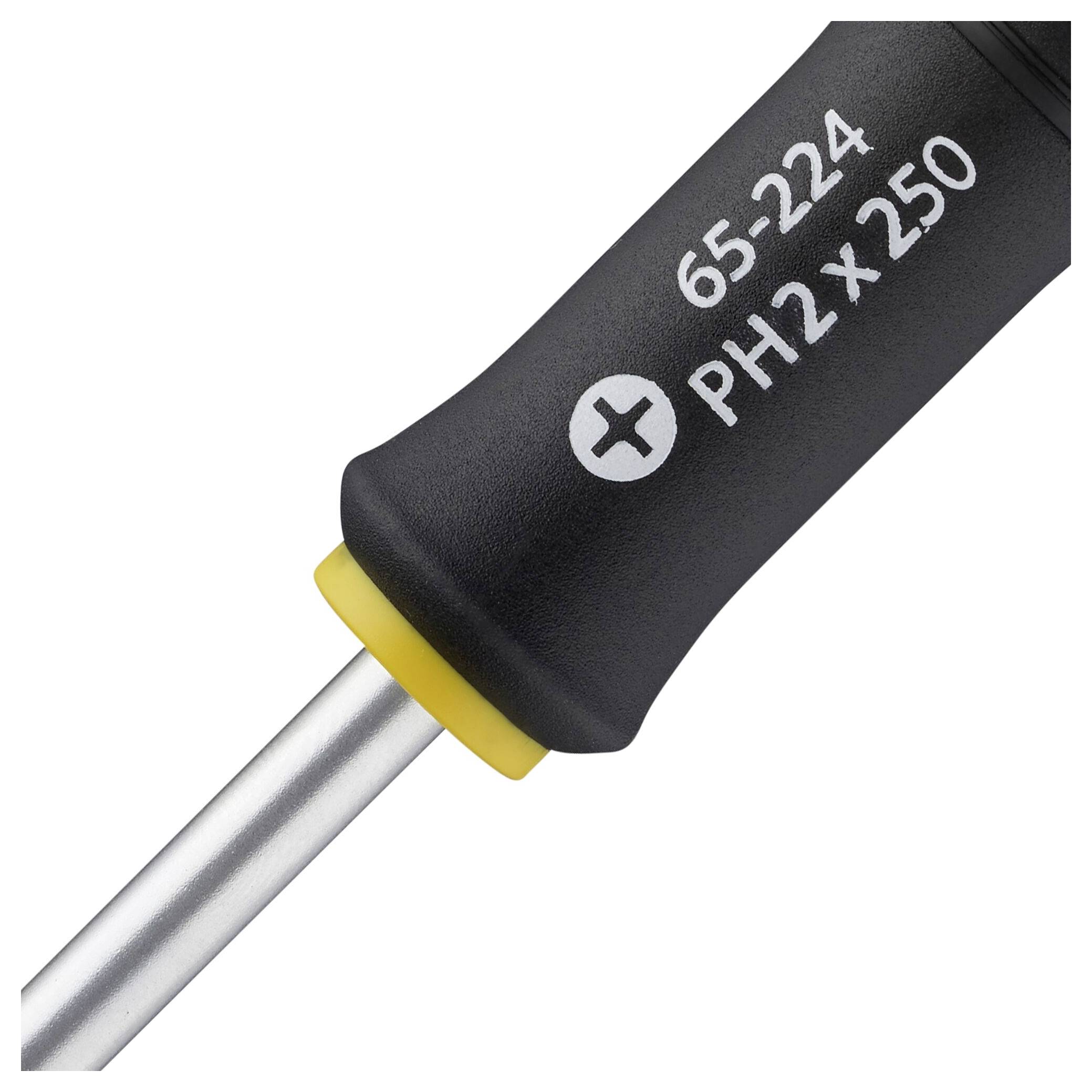 Šroubovák s černou rukojetí a žlutou linkou, označení 'PH2 x 250', kovová tyč. Vhodný pro křížové šrouby.