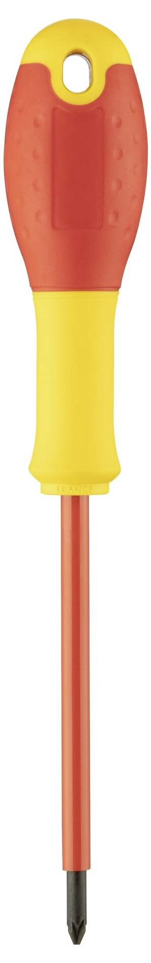 Izolovaný křížový šroubovák s červeným a žlutým držadlem, typický ruční nástroj pro práci se šrouby.