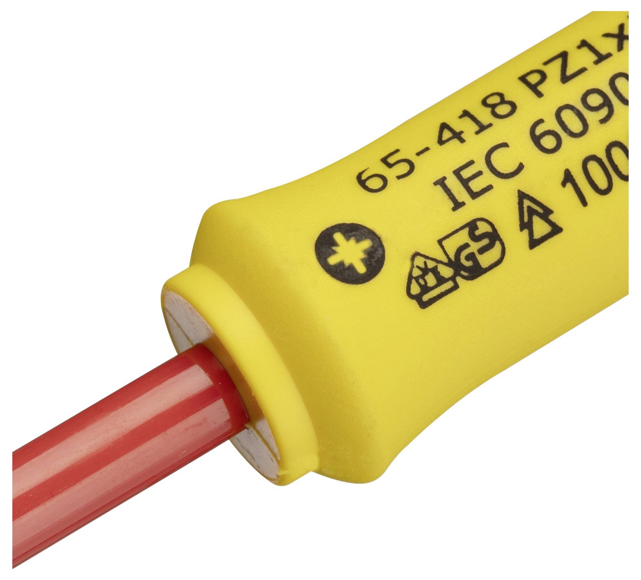 Žlutá rukojeť šroubováku s červenou stopkou, včetně bezpečnostních symbolů a textu '65-418 PZ1x80' pro technické specifikace.