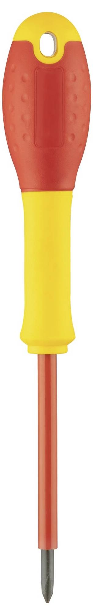 Žluto-červený šroubovák s ergonomickou rukojetí a plochým hrotem, vhodný pro manuální šroubovací práce.