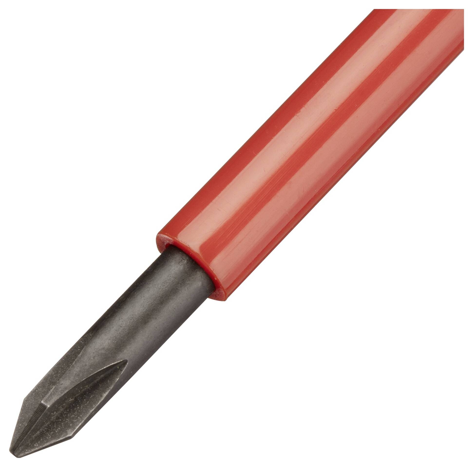 Šroubovák křížový s červeným držadlem je zobrazen v detailním záběru.