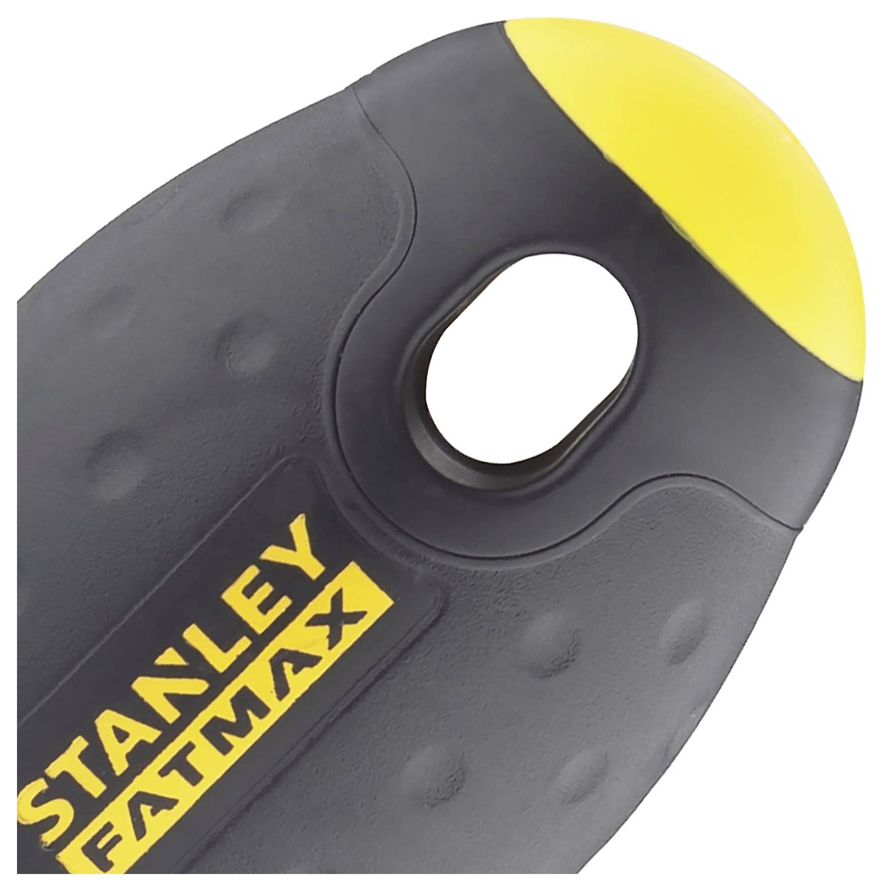 Černý, ergonomicky tvarovaný díl rukojeti nástroje se žlutým akcentem a nápisem 'Stanley Fatmax'. Vhodný pro robustní použití.