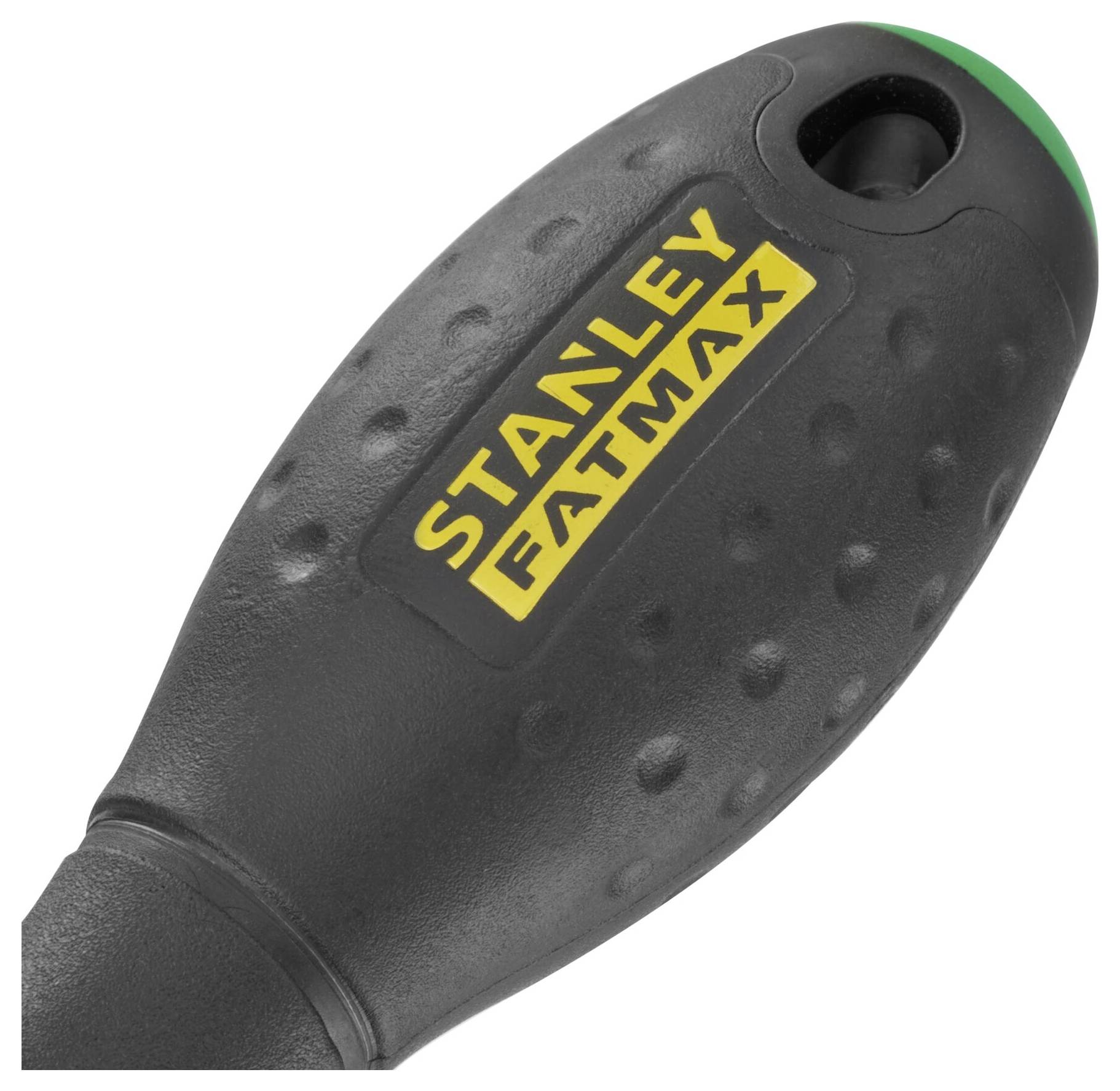 Rukojeť nástroje s nápisem 'Stanley Fatmax'. Rukojeť je černá s žlutým textem, ergonomicky tvarovaná a strukturovaná.