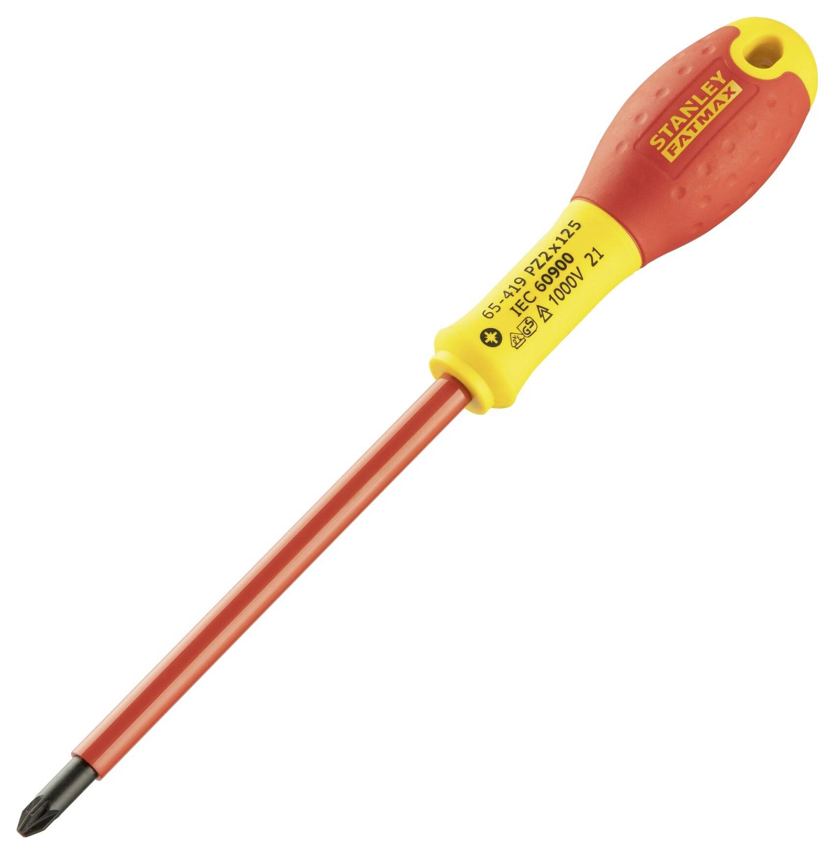 Šroubovák s červeným pryžovým držadlem a žlutým značením, vhodný pro práce až do 1000V.