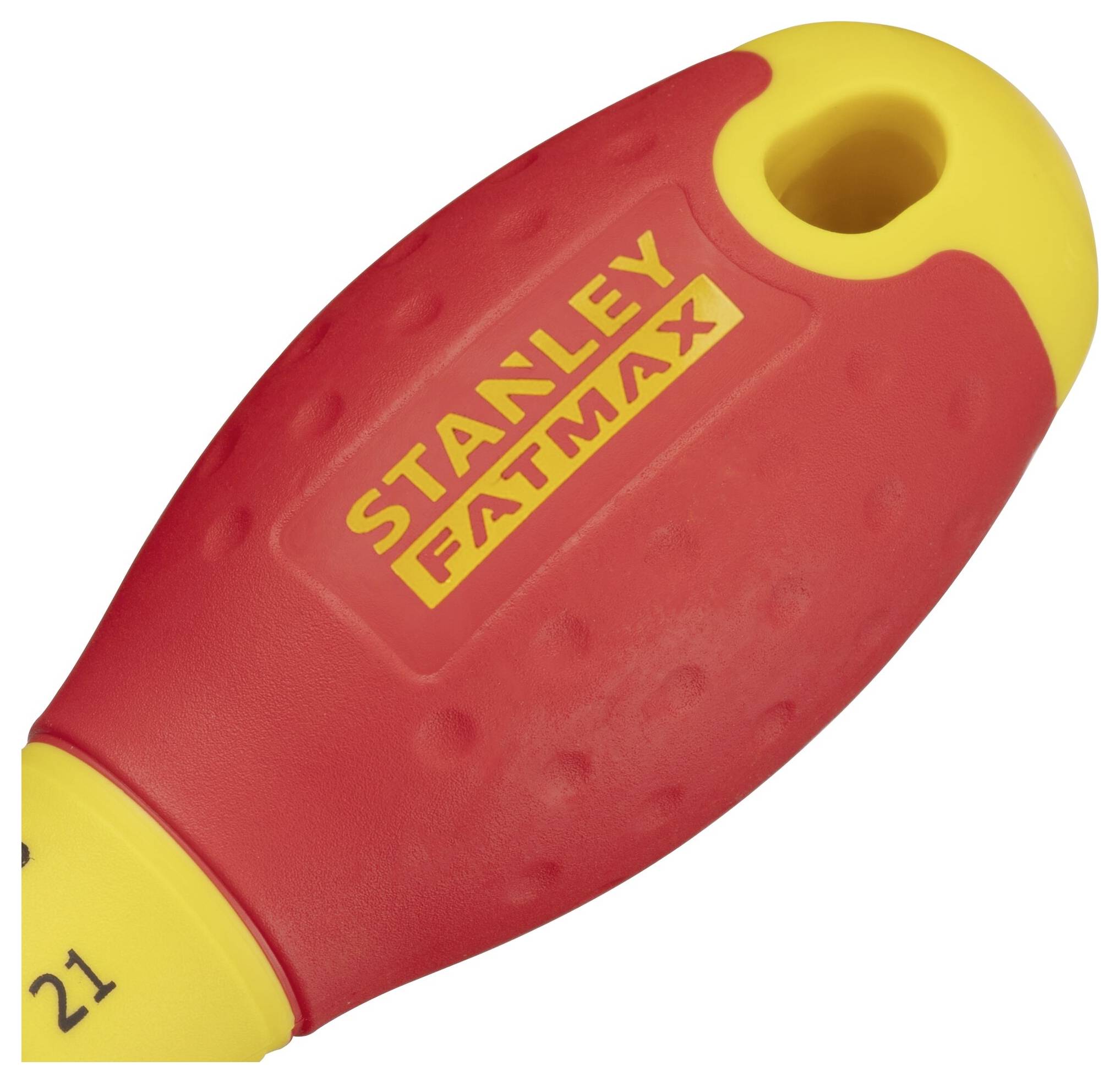 Červený grip šroubováku FatMax s žlutými akcenty a děrovaným koncem, značka 'Stanley FatMax'.