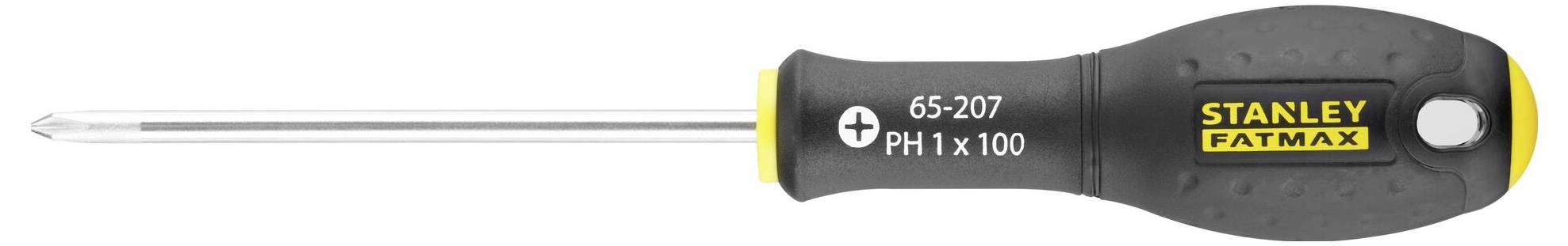 Šroubovák křížový s černou rukojetí a žlutým akcentem. Na rukojeti je nápis 'Stanley Fatmax' a 'PH1 x 100'.