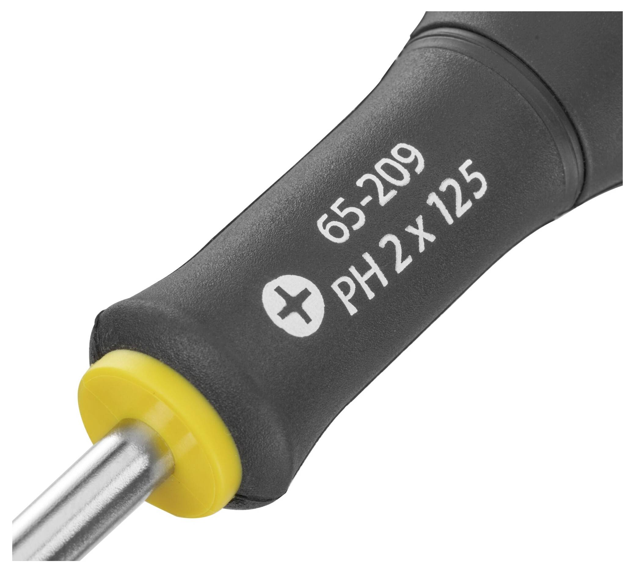 Detailní záběr černé rukojeti šroubováku s bílým potiskem '65-209 PH 2 x 125' a žlutými detaily.