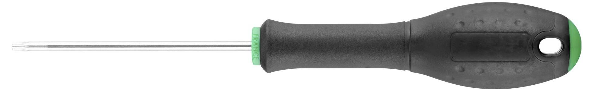 Křížový šroubovák s černou ergonomickou rukojetí a stříbrným kovovým dříkem.