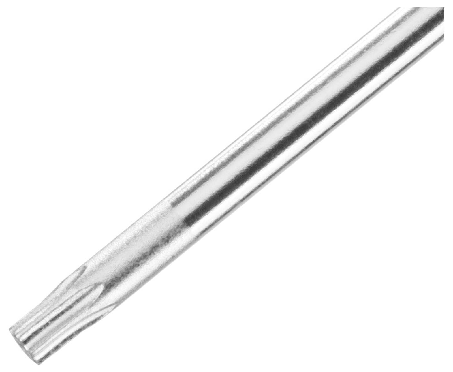 Detailní záběr stříbrného šroubováku Torx s šestizubým hrotem.