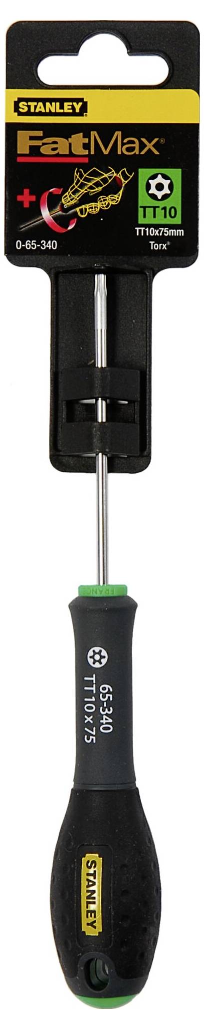 Tento obrázek zobrazuje šroubovák Stanley FatMax Torx T10 s černým a zeleným designem rukojeti.