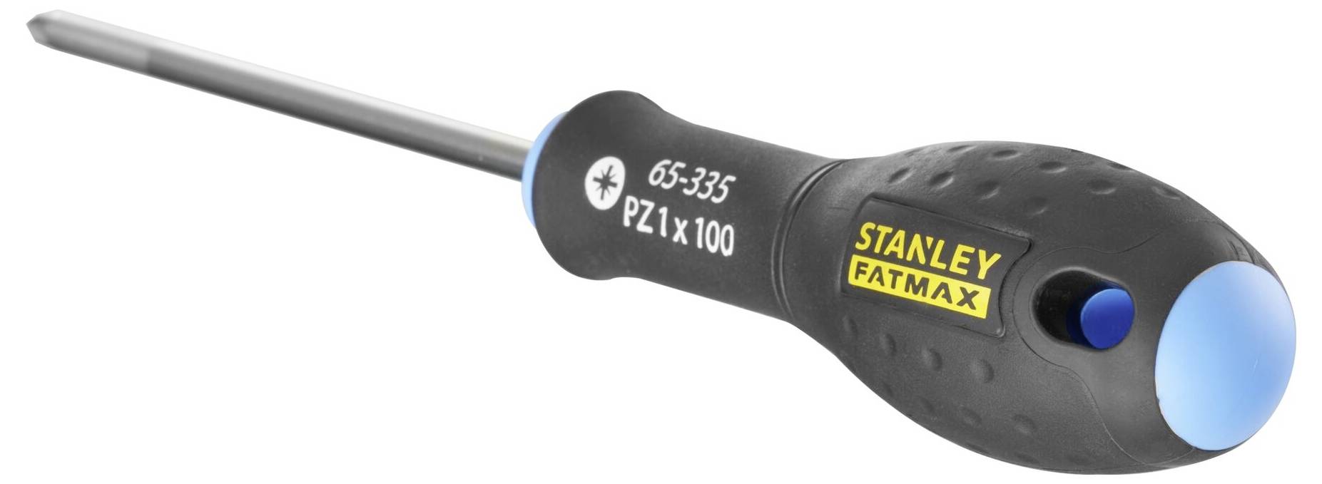 Šroubovák s černou rukojetí a modrým koncem, na rukojeti název značky 'Stanley Fatmax'. Vhodný pro šrouby PZ1.