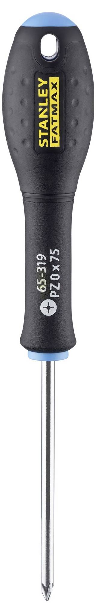 Křížový šroubovák se černou rukojetí a žlutým logem 'Stanley'. Hřídel je stříbrné barvy. Vhodný pro šrouby PZ2.