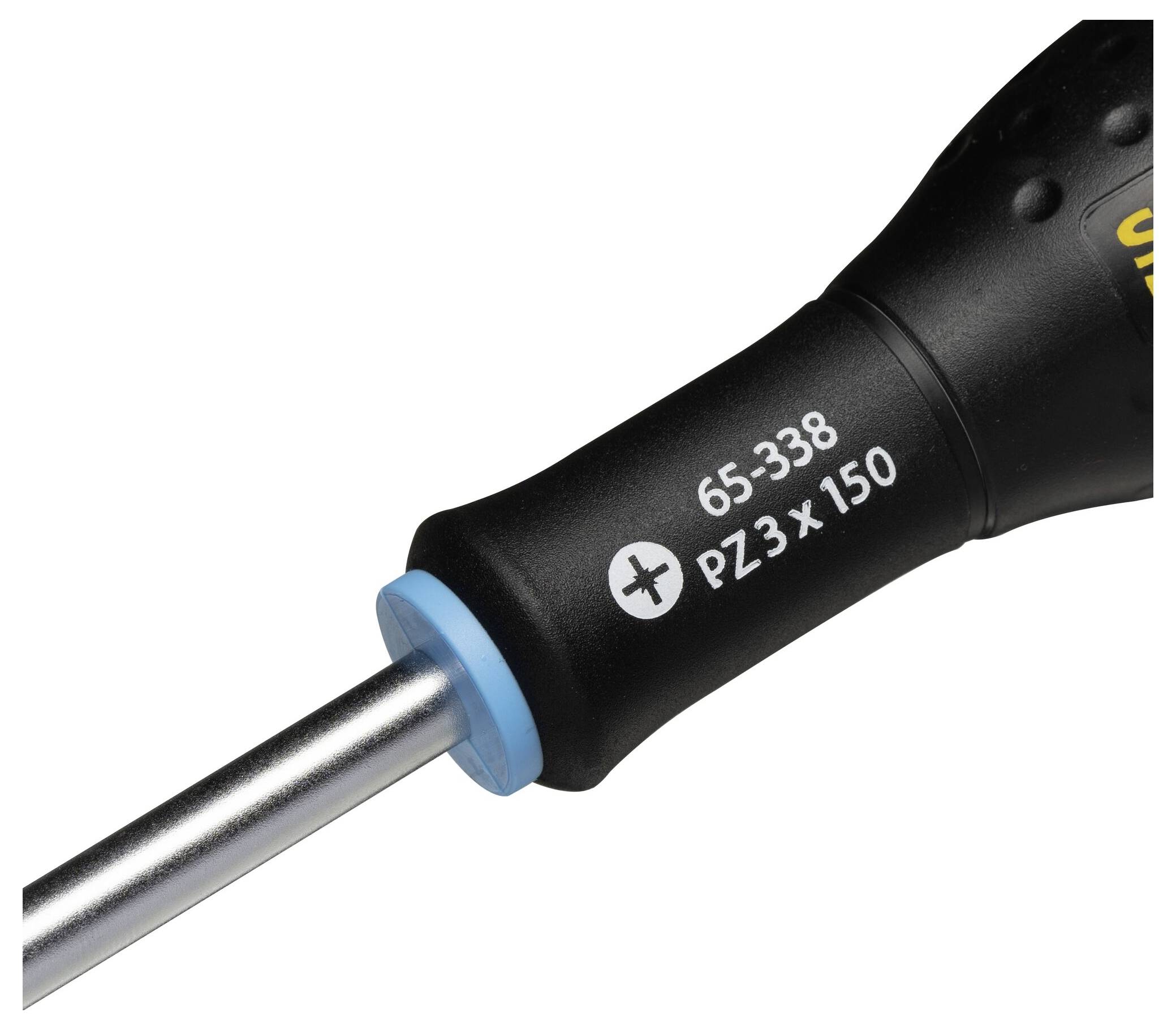 Detailní záběr šroubováku s křížovou špičkou. Na rukojeti jsou vyznačeny údaje '65-338' a 'PZ3 x 150'.