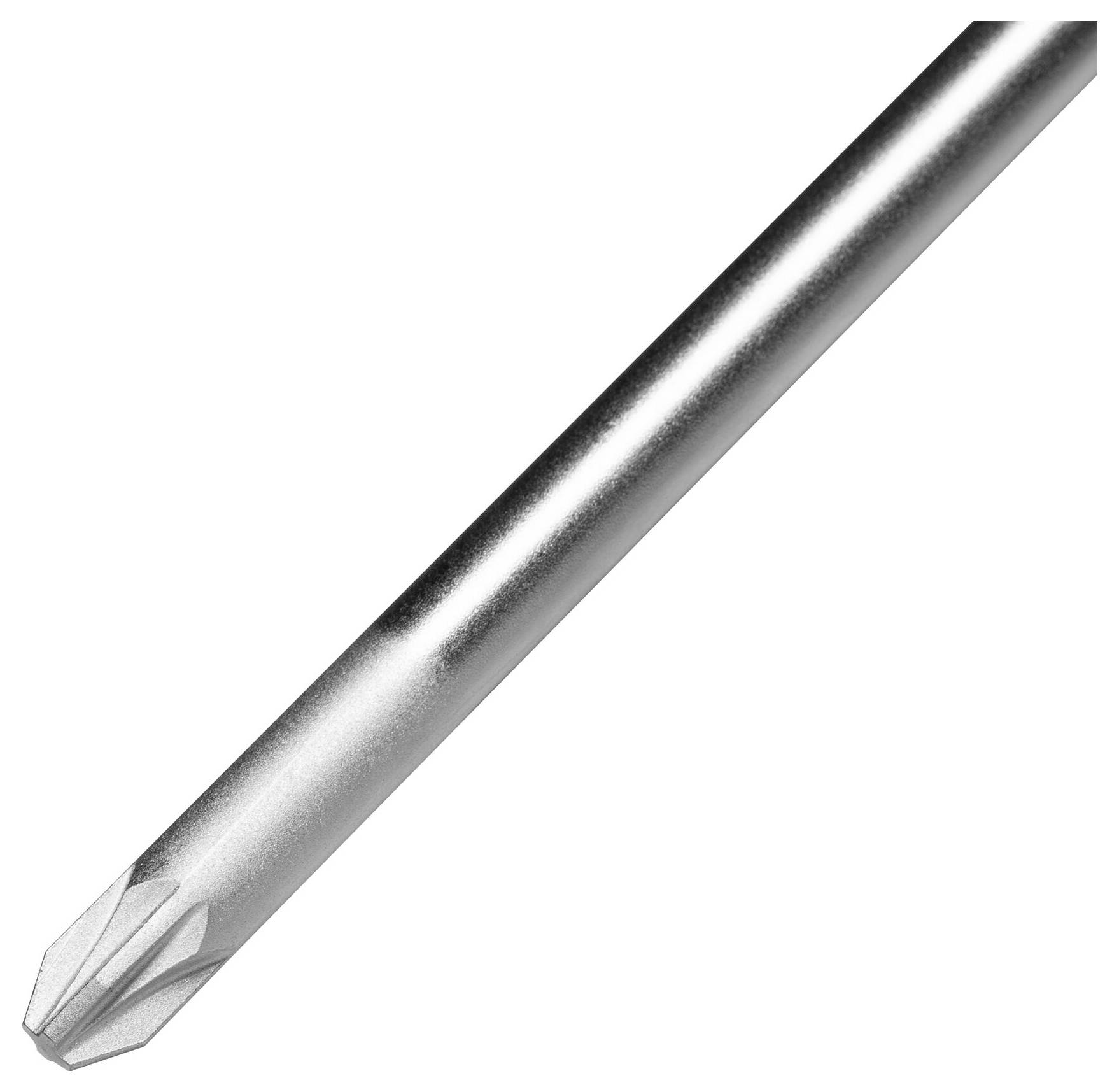 Detailní záběr stříbrného šroubováku s křížovou špičkou, který se používá pro šrouby s křížovou hlavou.