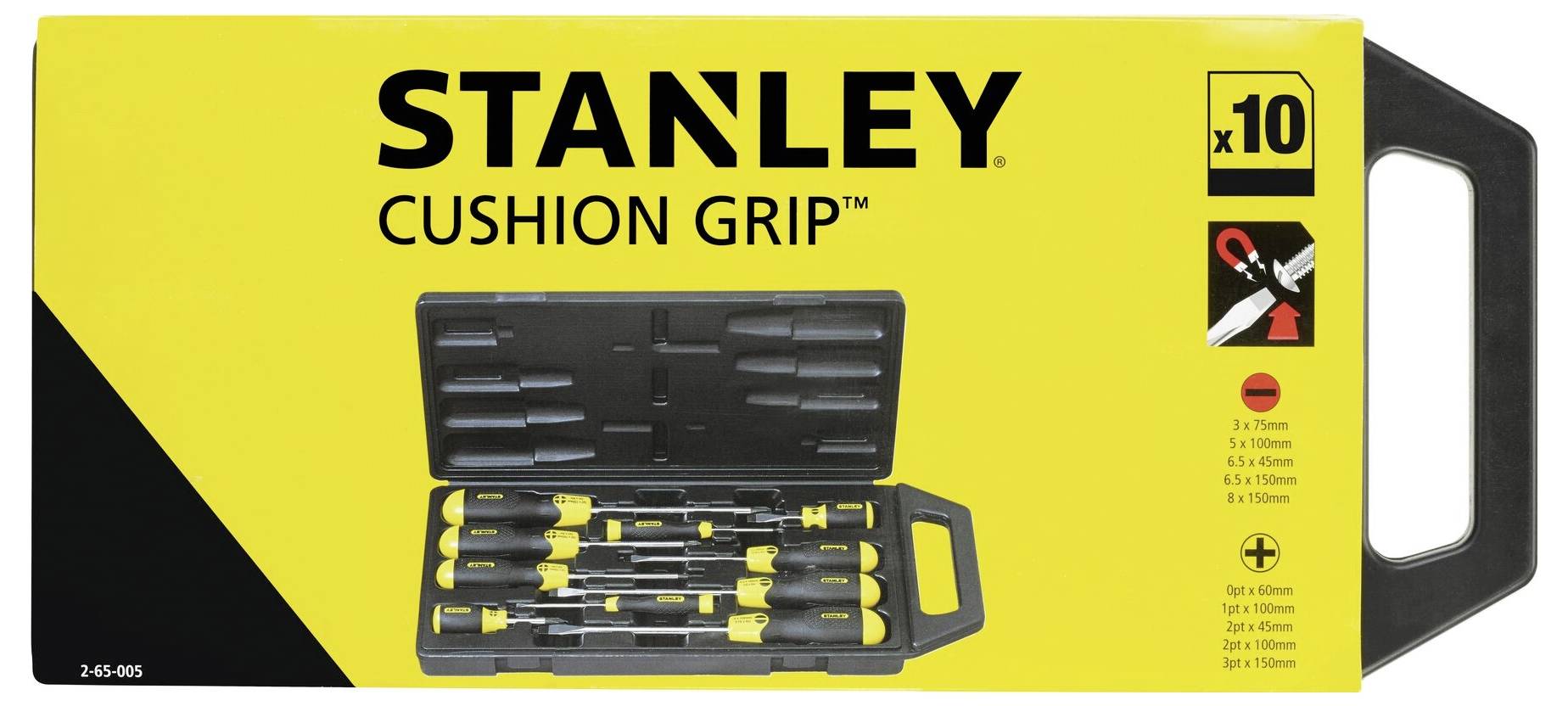 Sada šroubováků 'STANLEY CUSHION GRIP', 10 kusů. Na obrázku jsou šroubováky v otevřeném černém pouzdře.