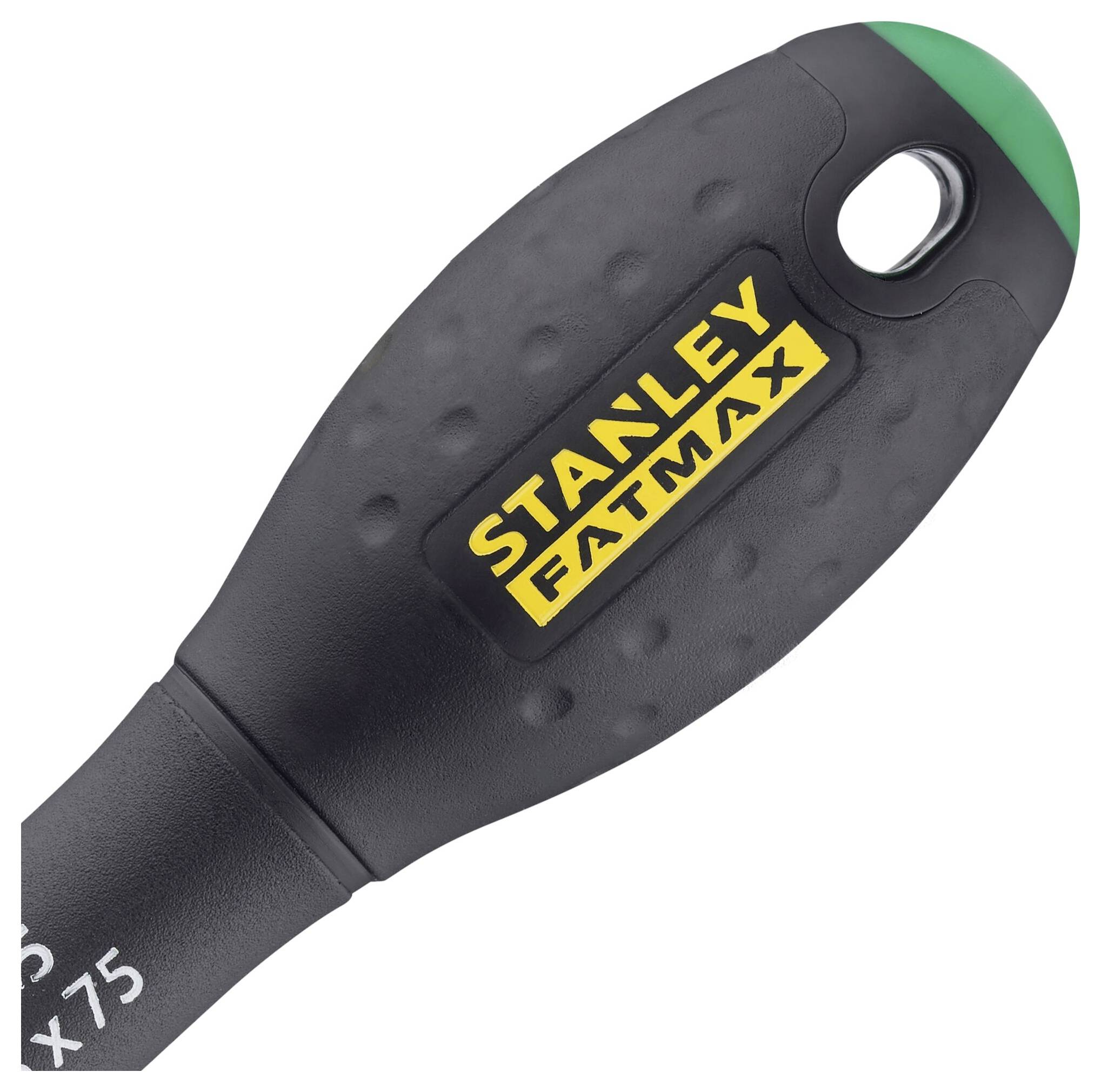 Černá rukojeť šroubováku s žlutým firemním logem 'Stanley Fatmax'.