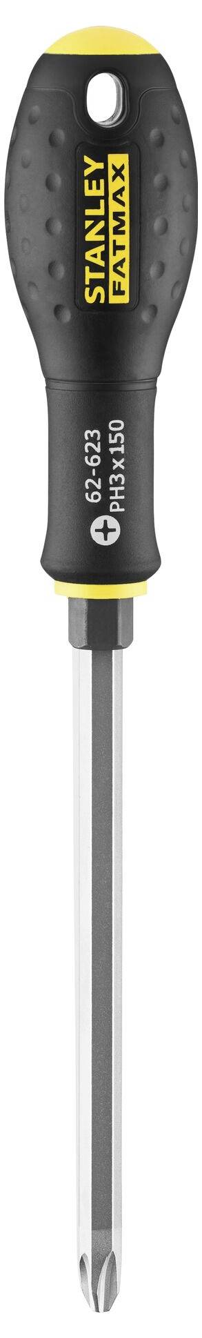 Šroubovák s černou rukojetí a logem 'Stanley Fatmax'. Kovový hrot umístěný níže.