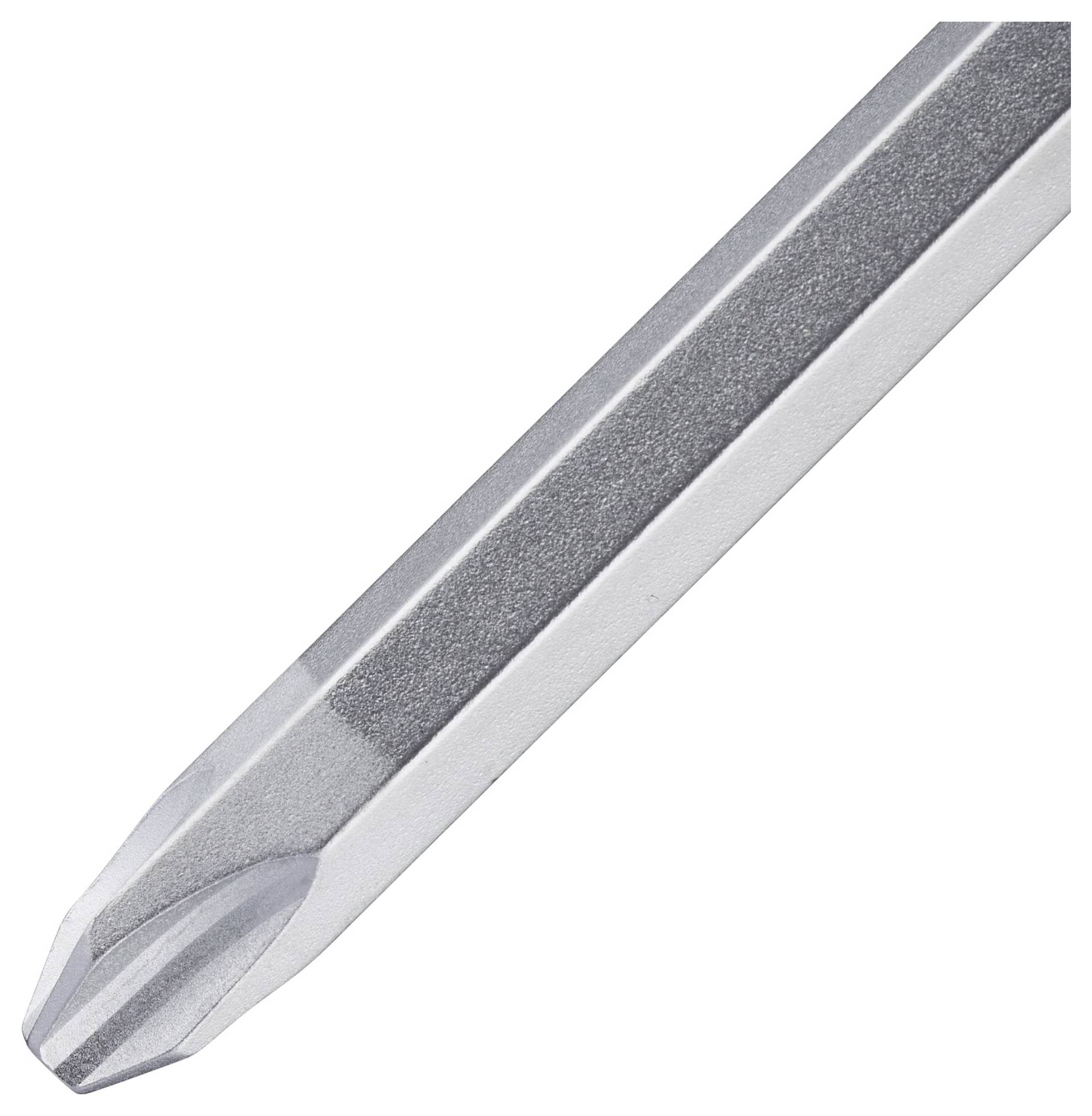 Křížový šroubovák se stříbrnou rukojetí na bílém pozadí.